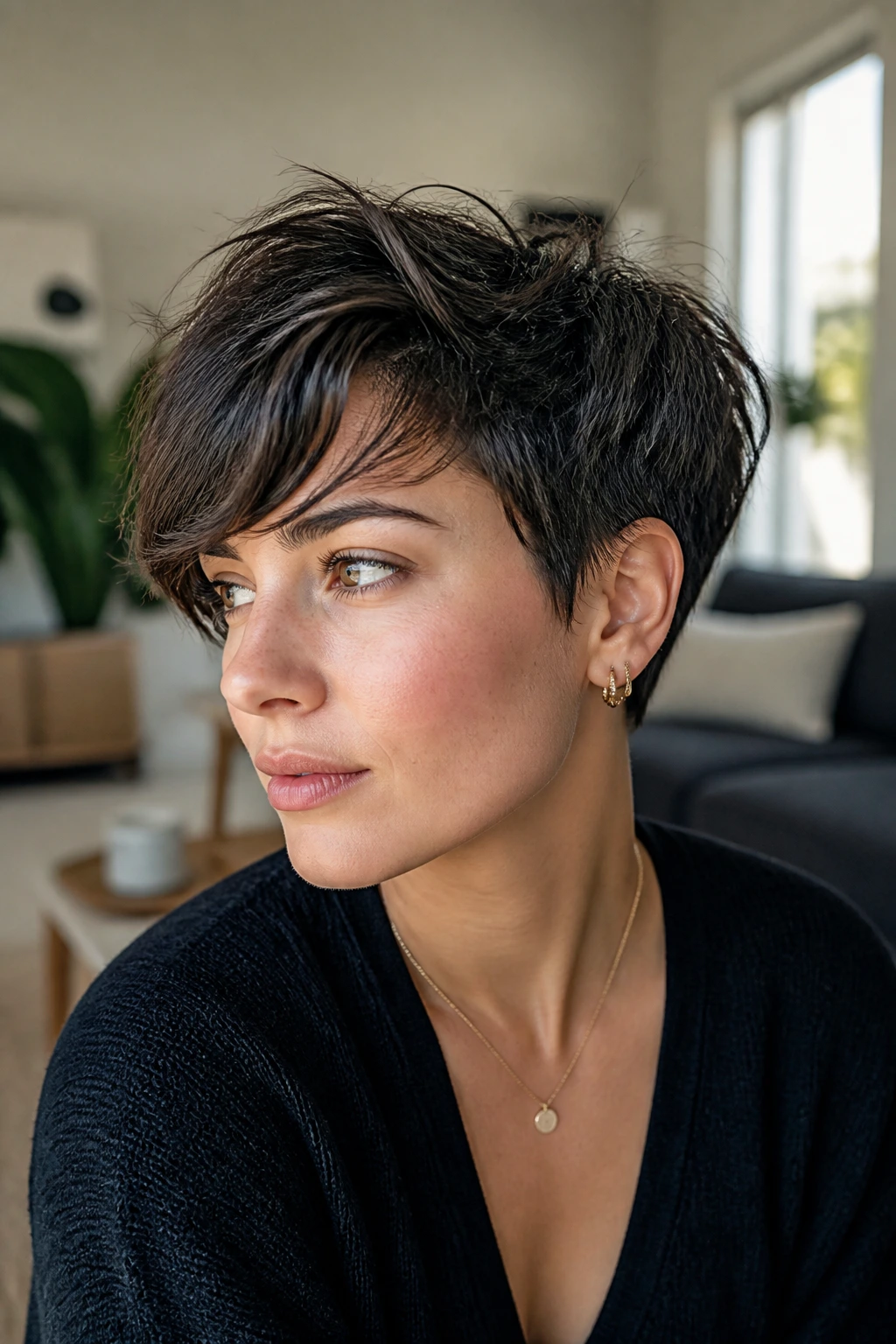 Close-up of short hair with side-swept bang and textured crown showing variations in hair texture.