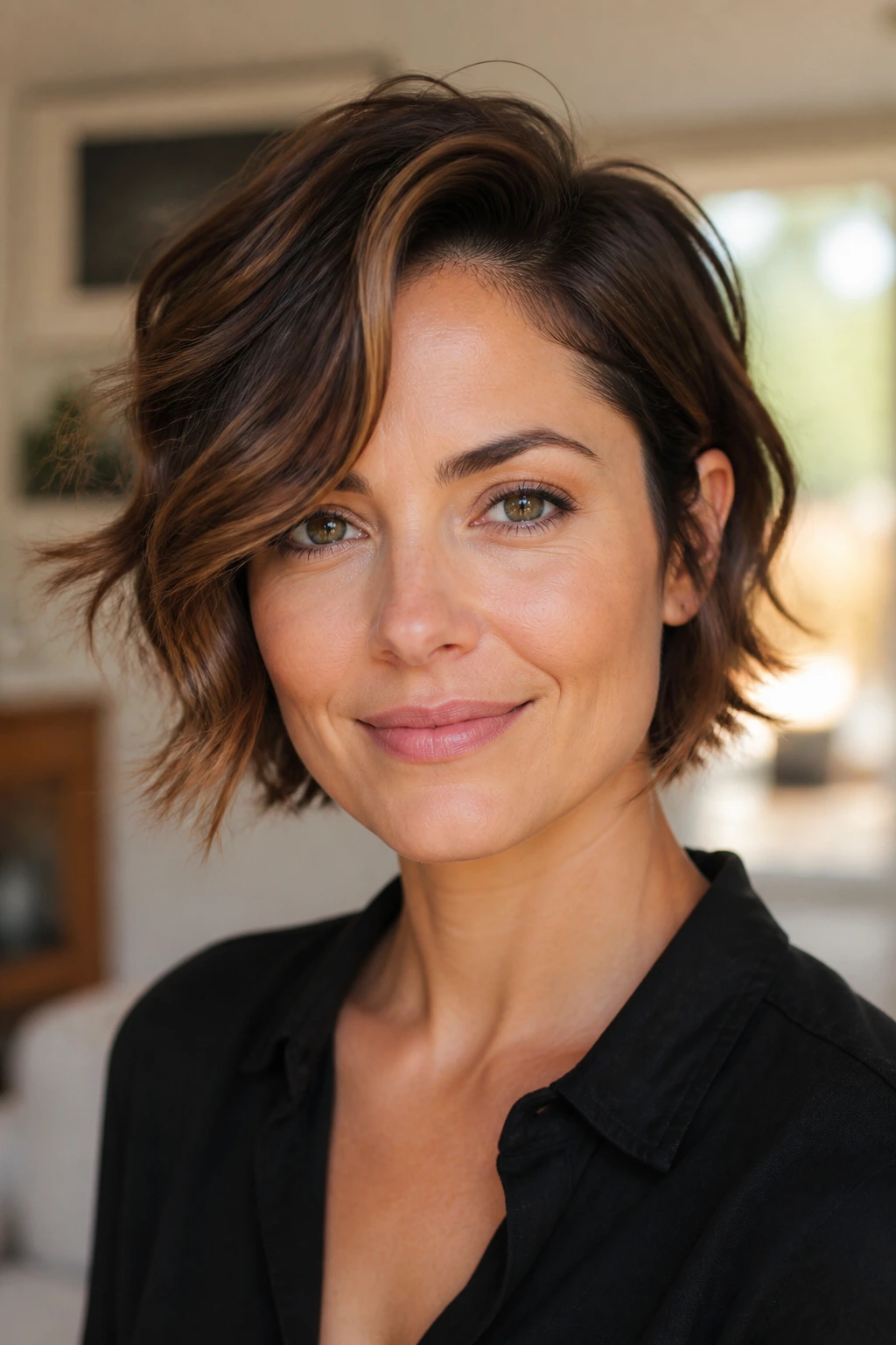 Medium close-up of a real woman with deep side-parted short hairstyle and soft waves
