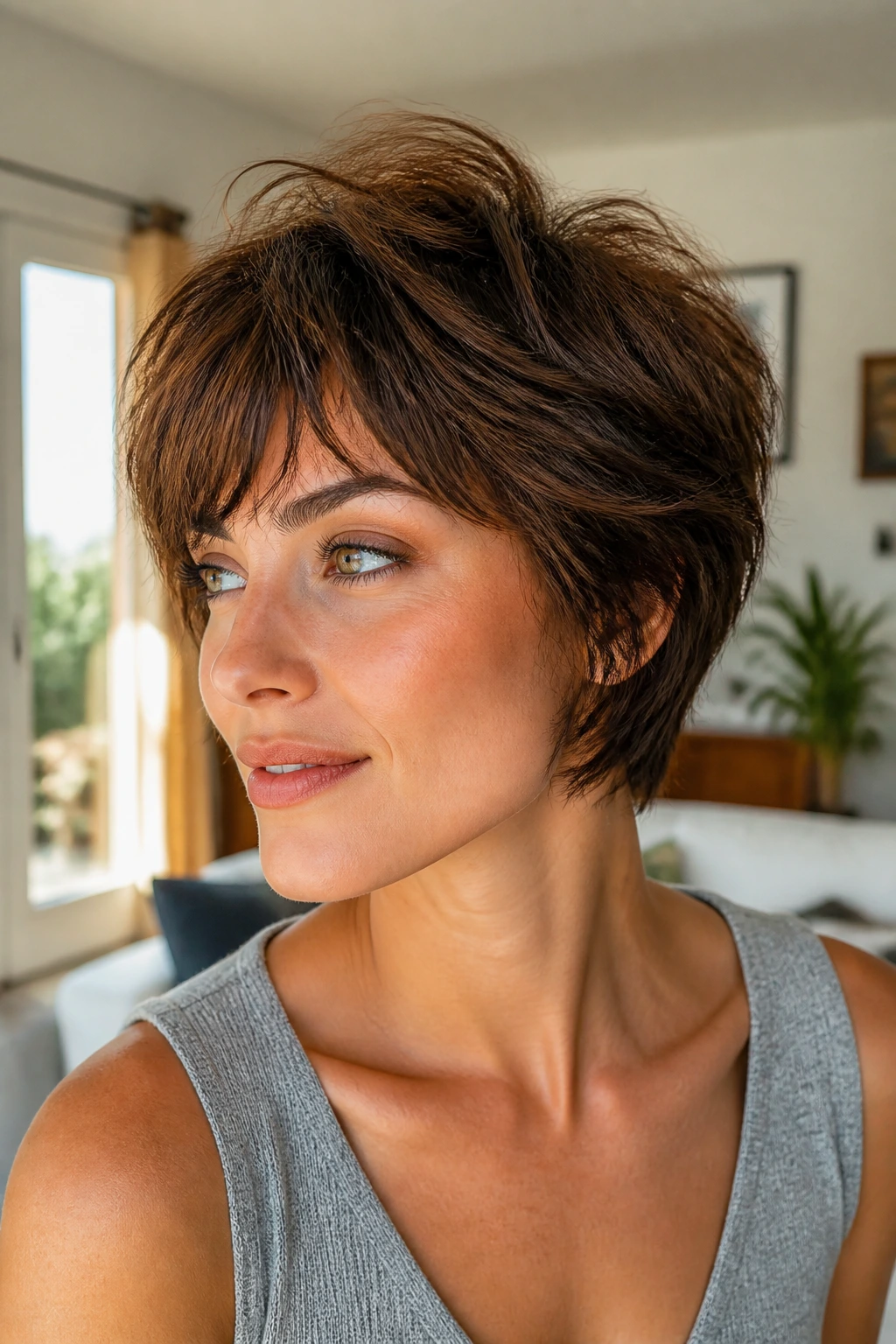 Portrait of a person with a versatile short haircut showing texture and movement