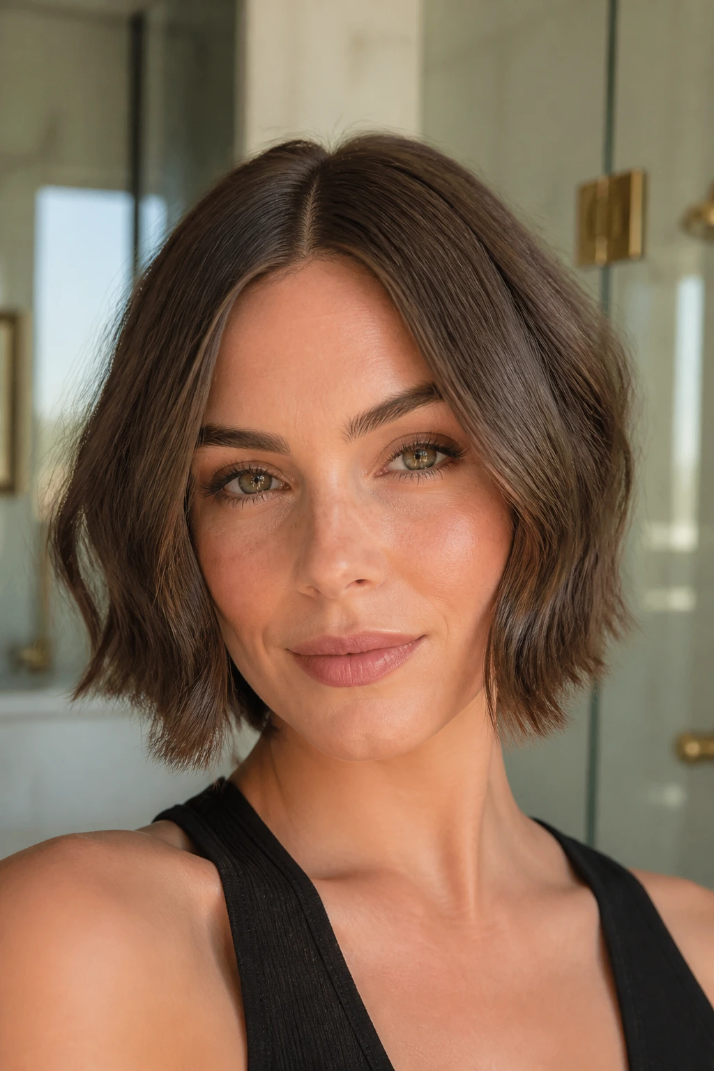 Portrait of a real person with a short bob and middle part showing subtle wave variation.