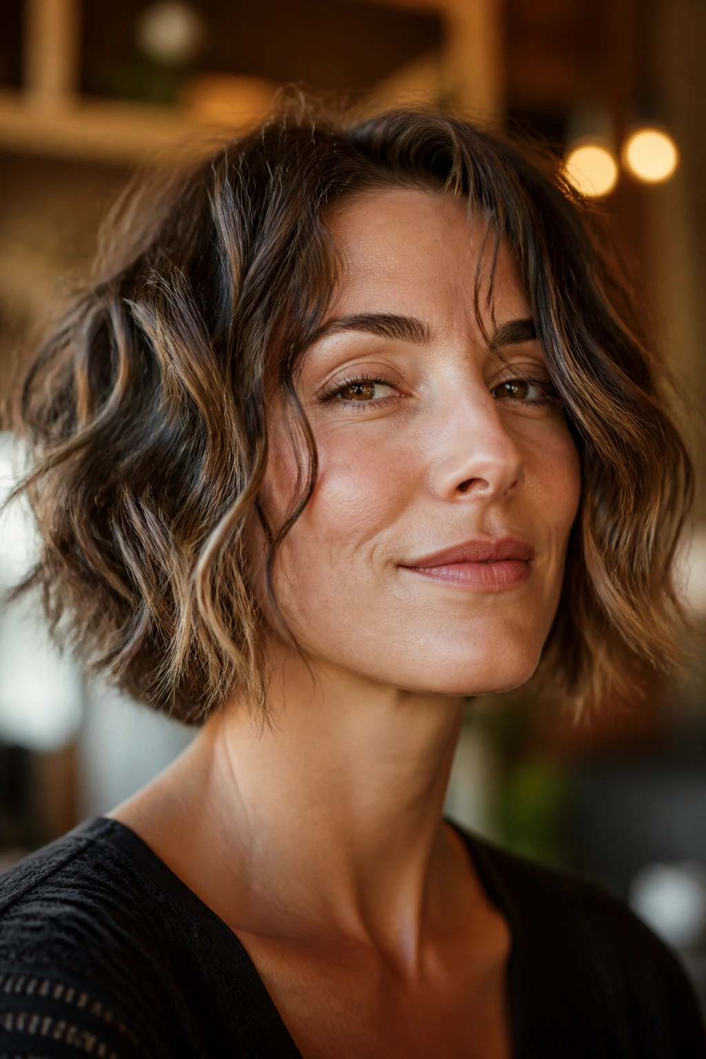Close-up of a woman with a chin-length beachy wave haircut, showing attitude