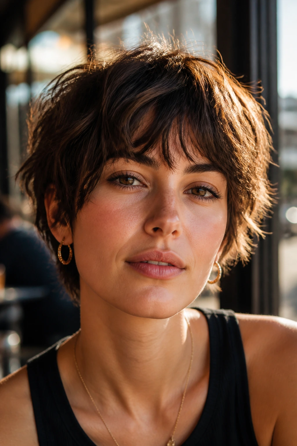 Close-up of a real woman with a short textured cut and bite at the ends.
