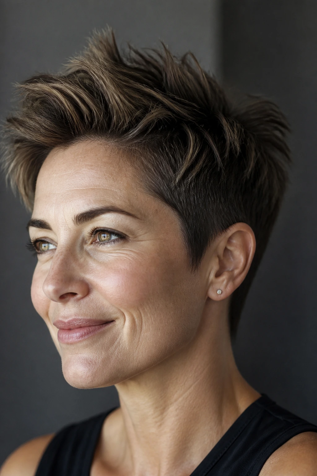 Close-up of short hairstyle with lifted crown and textured finish