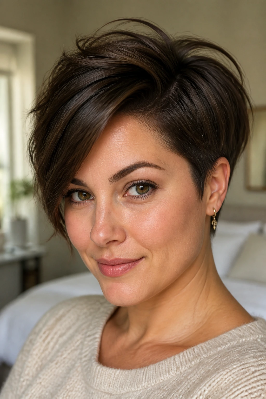 Close-up portrait of a real woman with a short haircut showing crown lift and diagonal lines