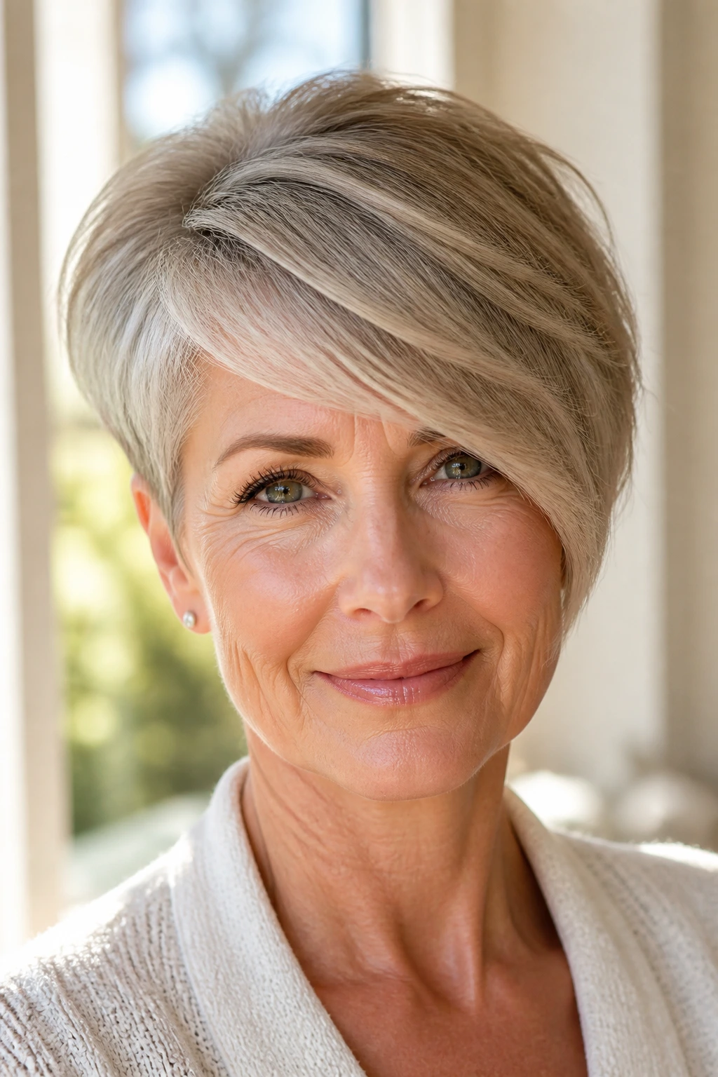 Close-up of a real woman with a deep side-swept short cut