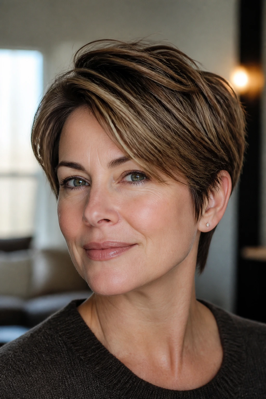 Close-up portrait of a real woman with diagonal side-part short haircut and lifted crown