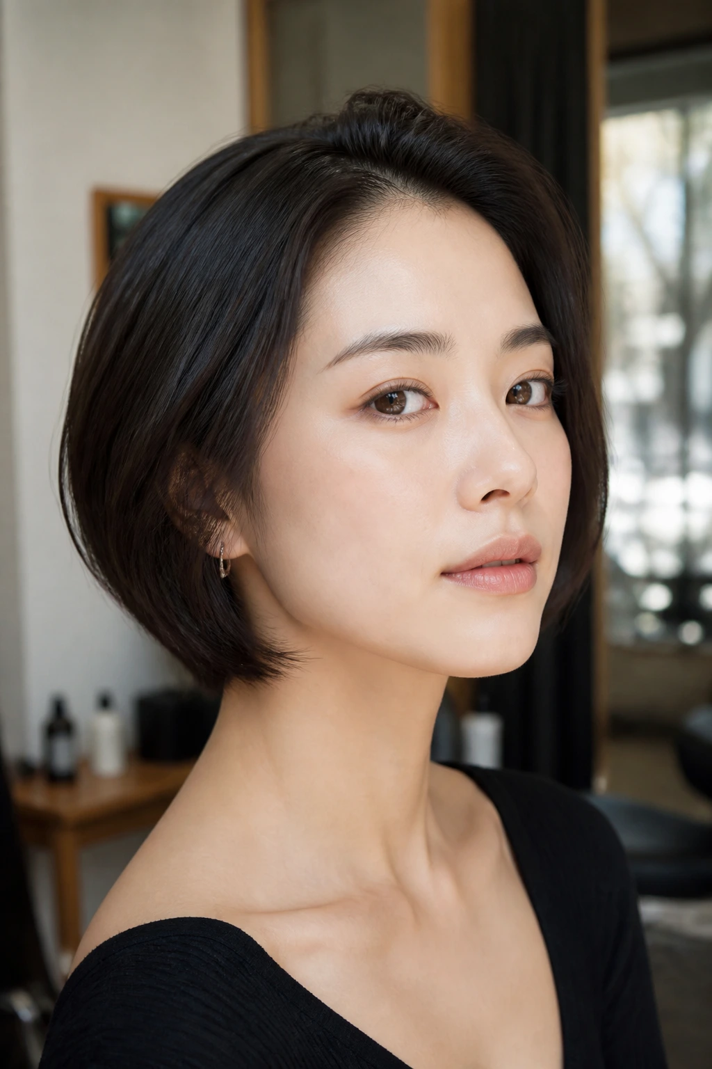 Real woman with chin-length bob no bangs; close-up portrait showing face framing by short haircut