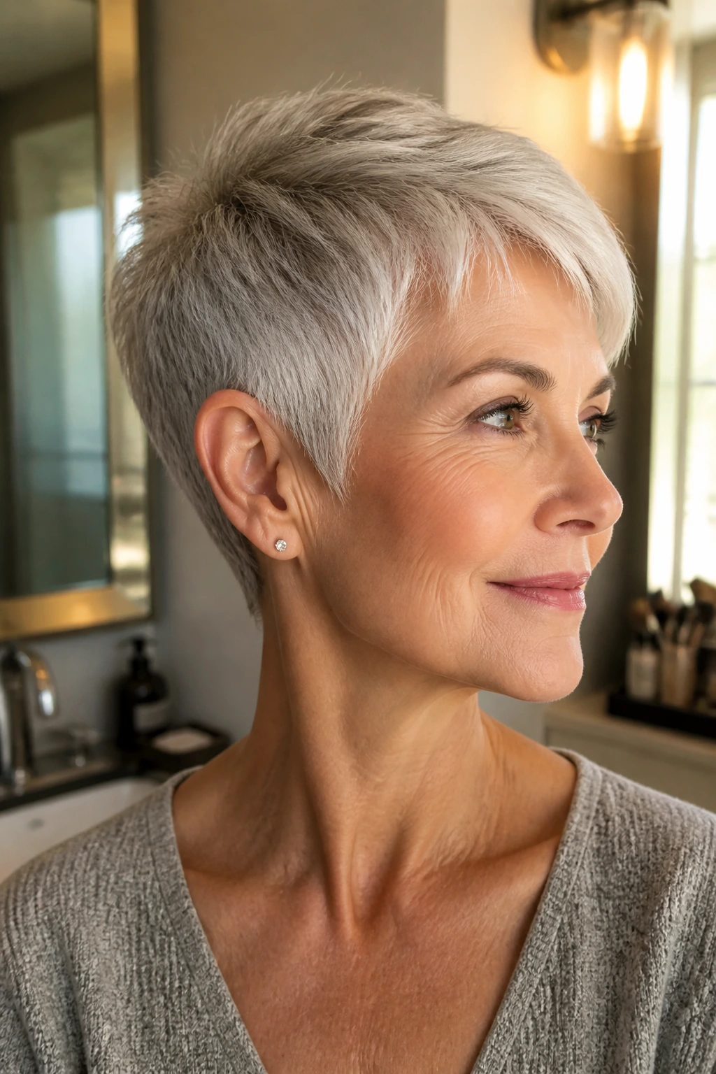 Close-up of a real woman with a crisp short haircut and sharp neckline in warm home lighting