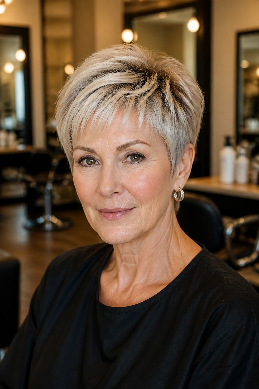 Real woman with defined short haircut consulting with stylist in salon.