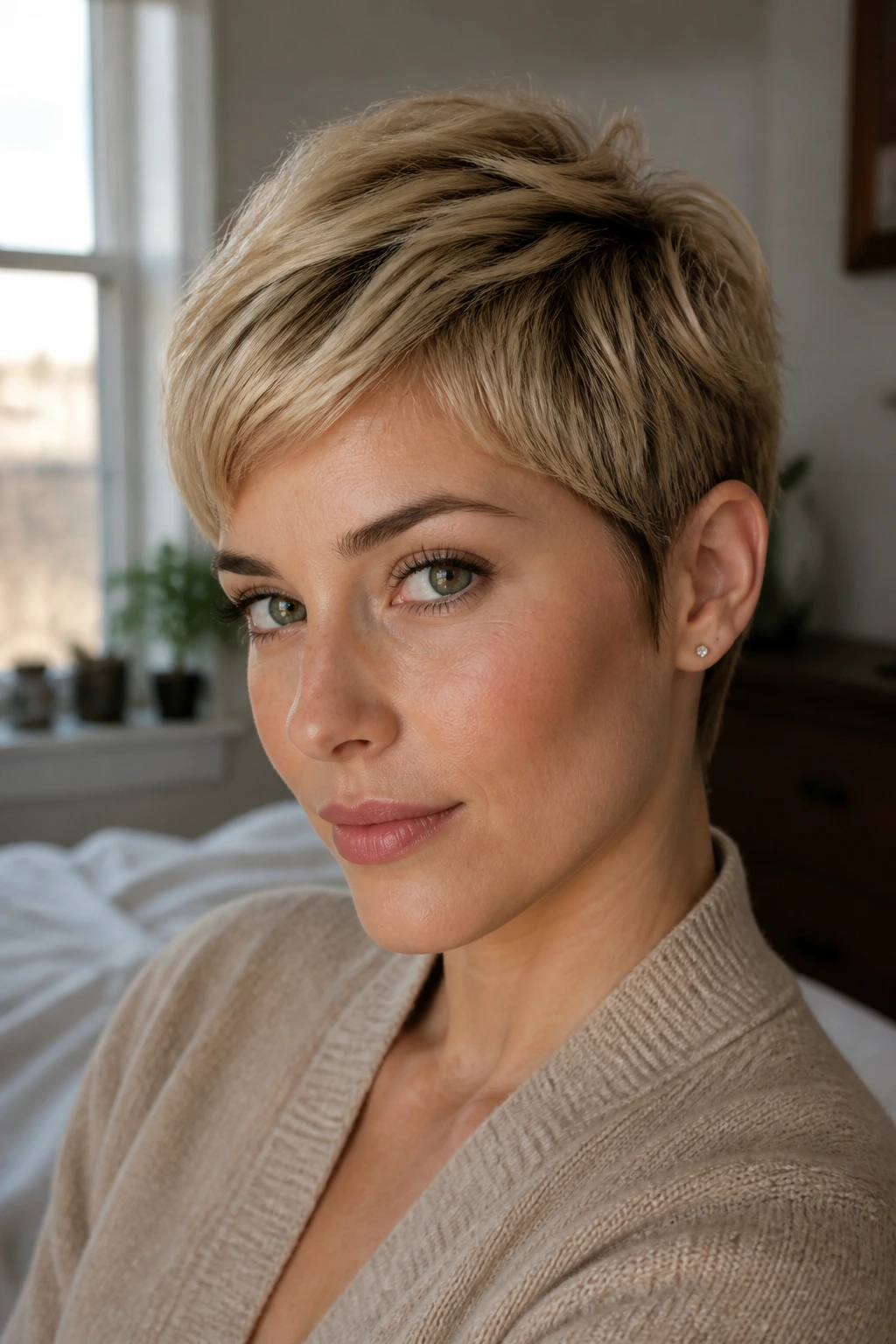 Close-up portrait of a real woman with a crisp pixie cut showing shape between trims in natural window light.