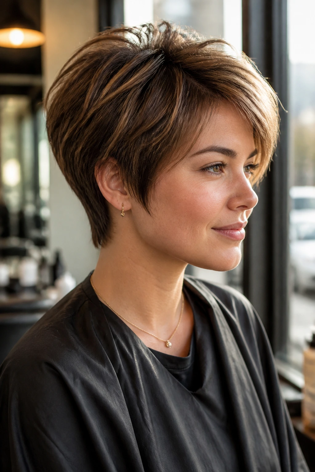 Close-up portrait of a real woman with a chic short haircut in a sunlit salon