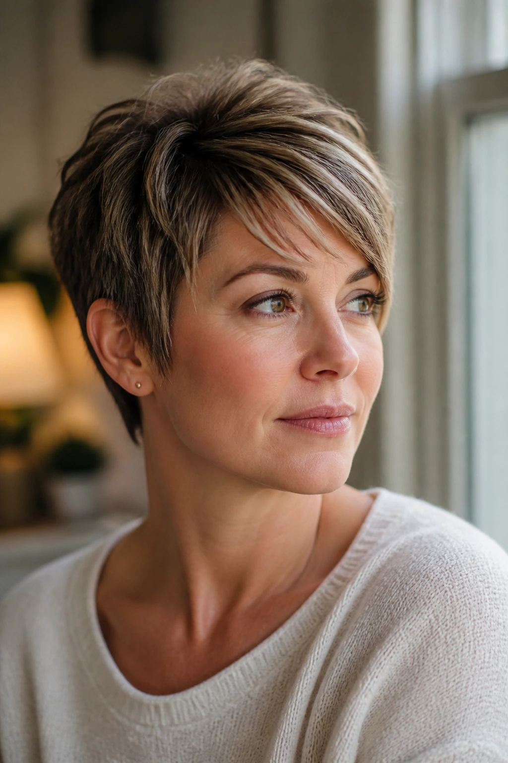 Close-up of a woman with a short haircut flattering a round face