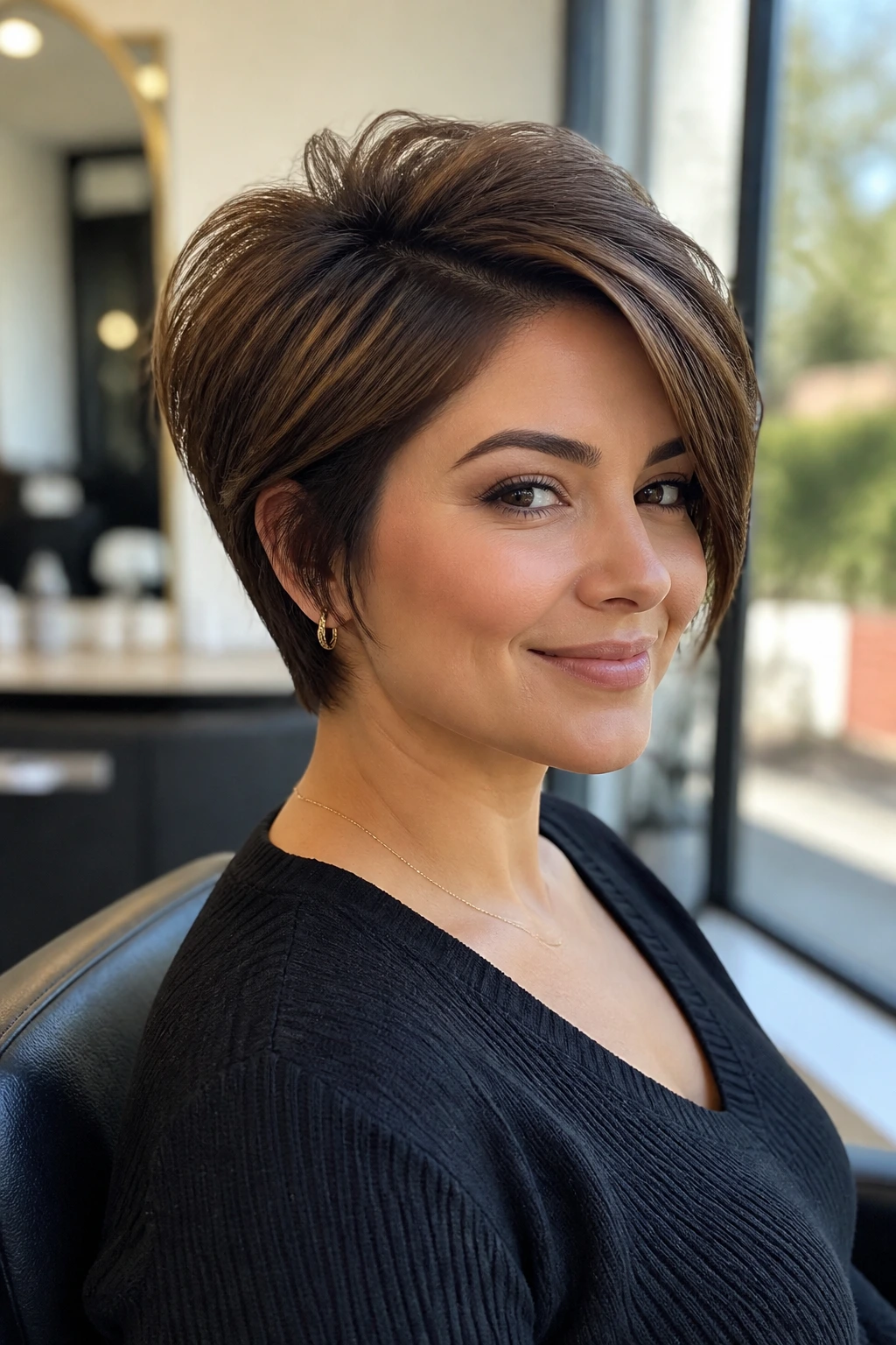 Close-up portrait of a real woman with a lifted crown short hairstyle for a round face with thick hair