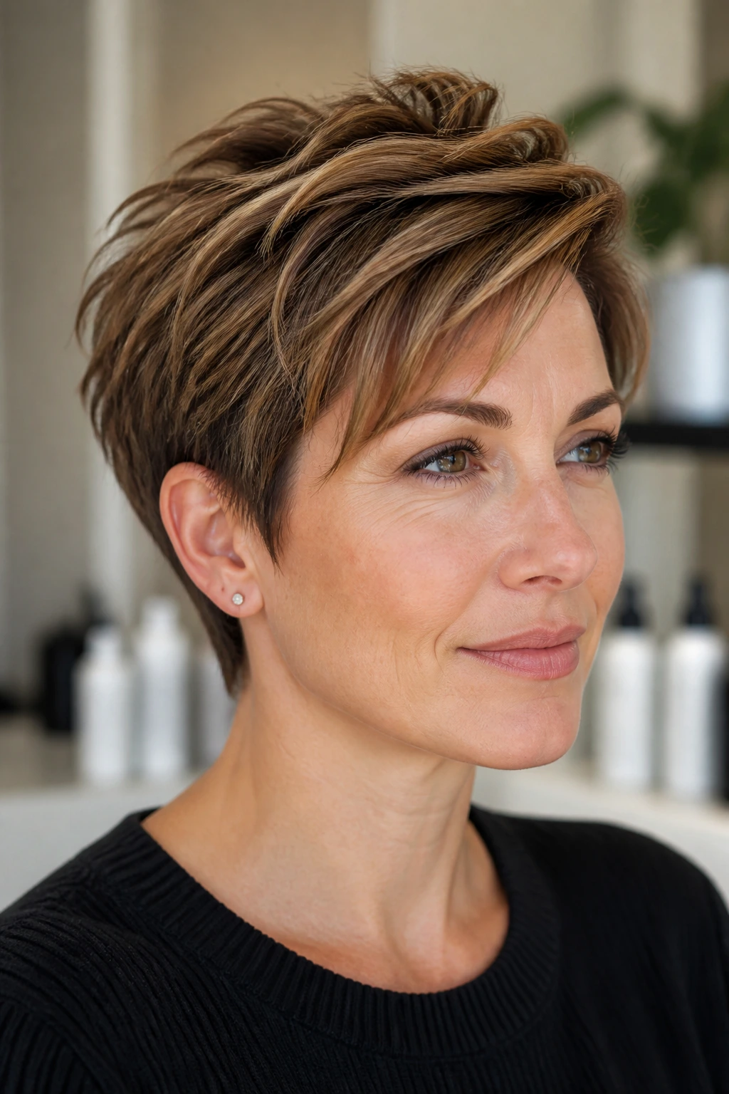Portrait of a real person with a precise short cut, simple background