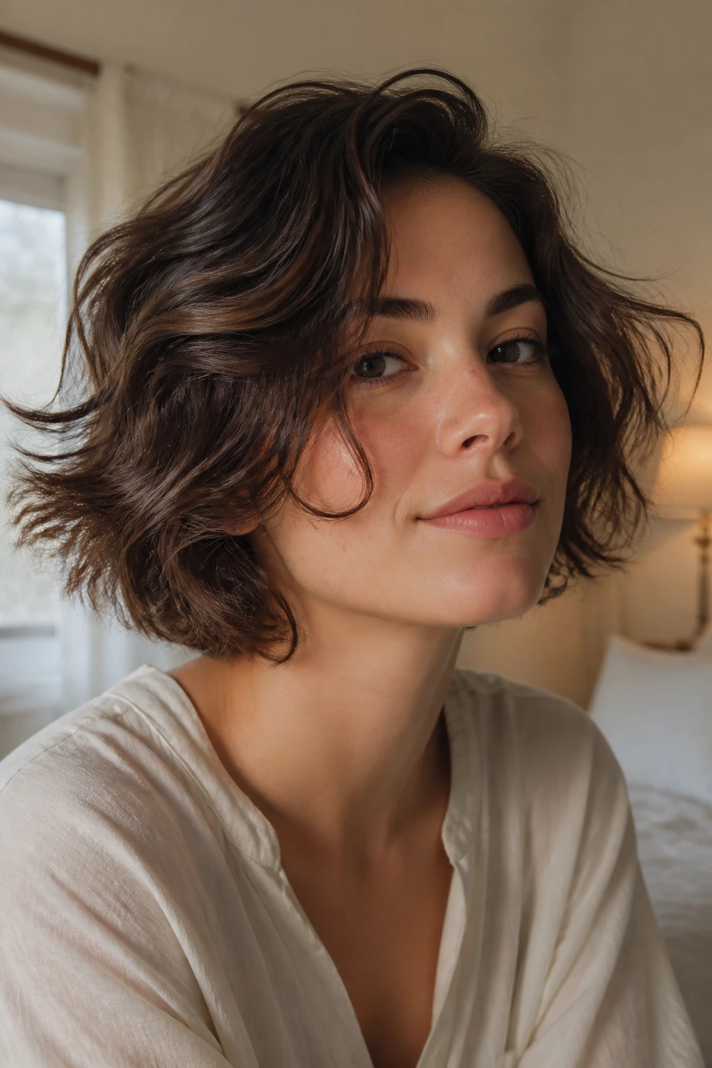 Close-up portrait of a real woman with a jaw-grazing wavy bob, wind-swept movement in natural window light