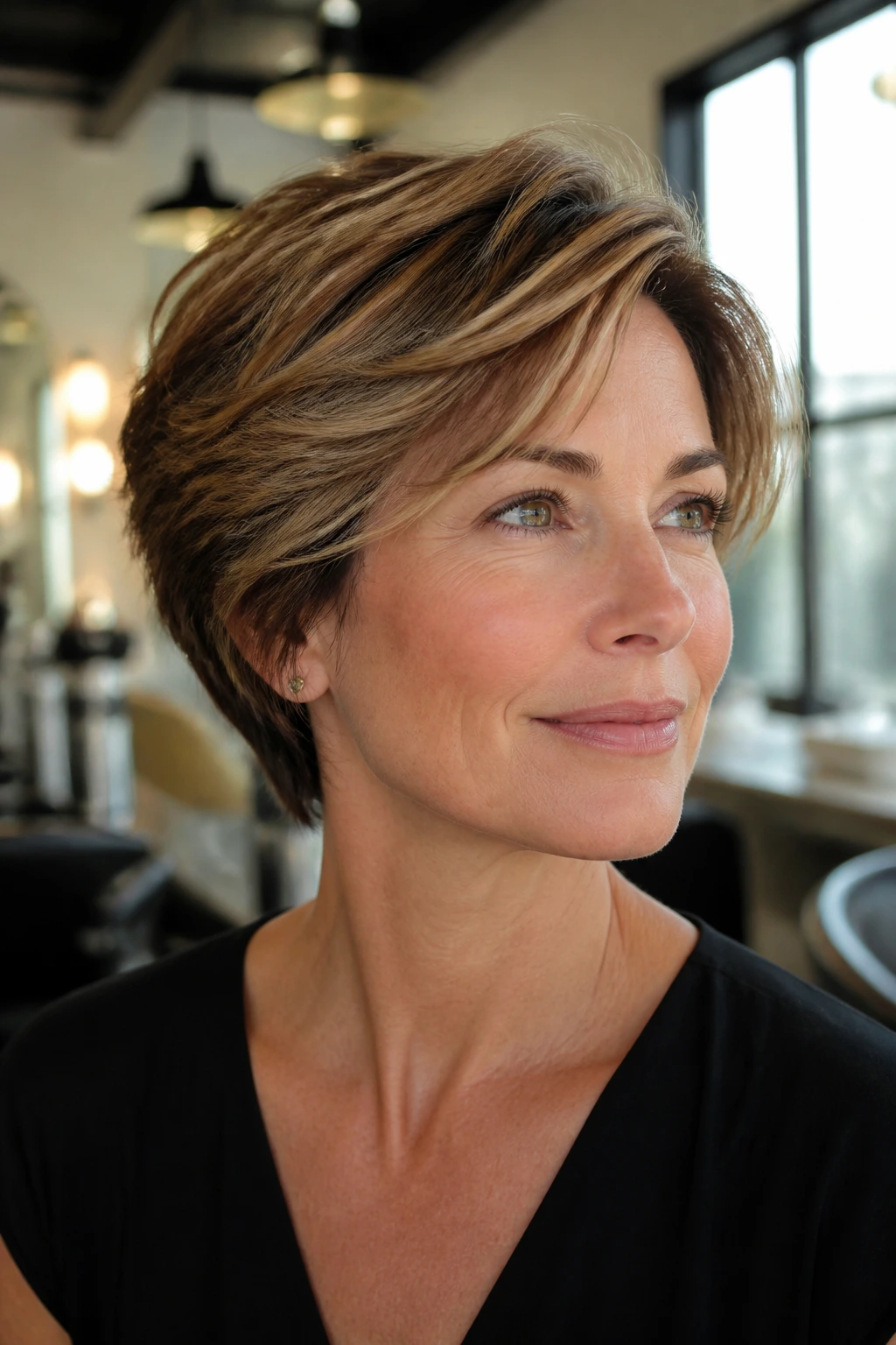 Portrait of a person with a balanced short haircut balancing square jaw