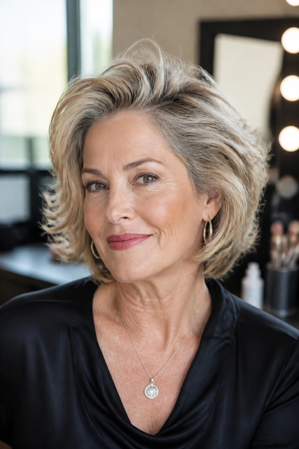 Close-up portrait of a 50+ woman with a lifted crown hairstyle for a beauty editorial