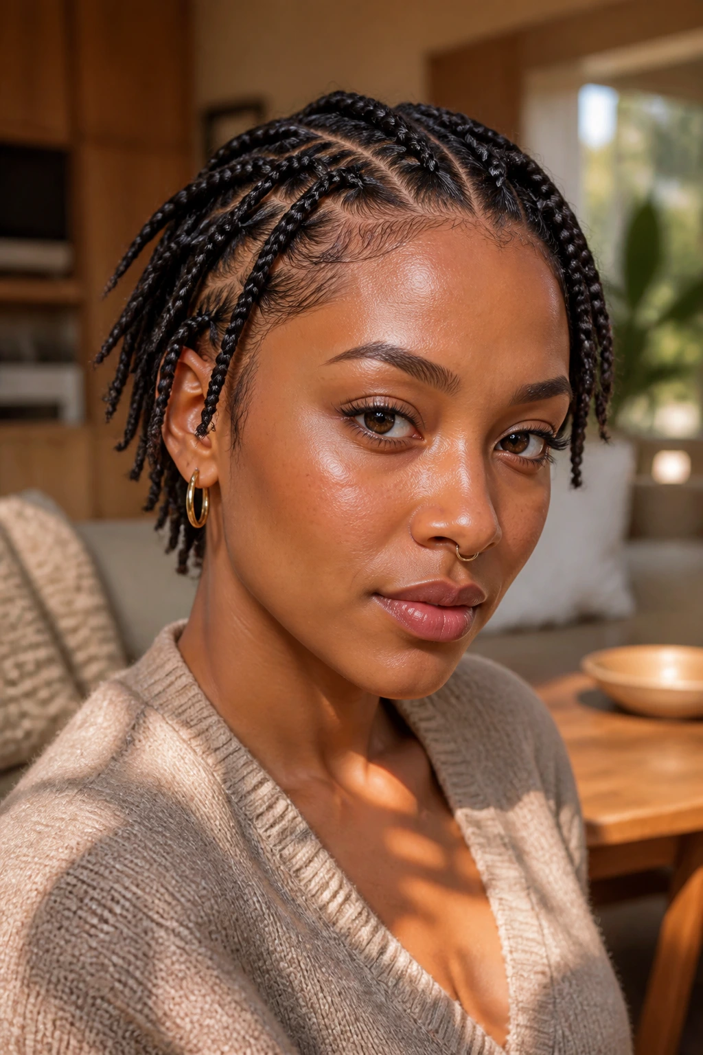 Close-up of a real woman with short knotless braids and calm roots in warm natural light