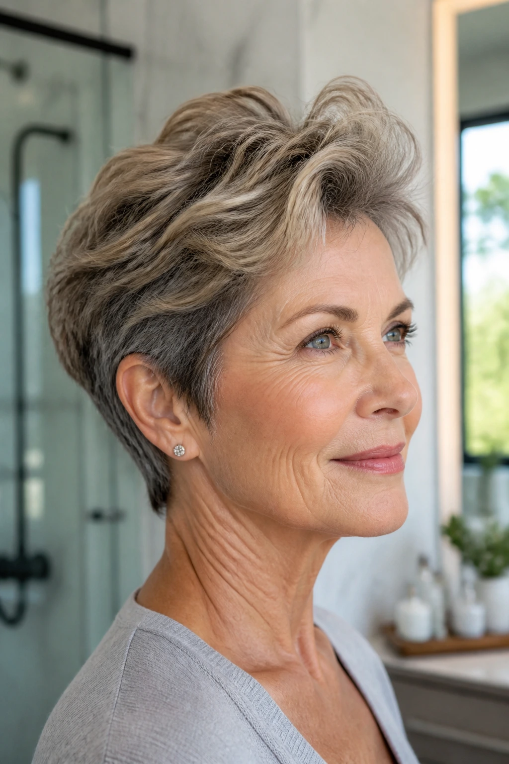 Close-up of a real woman with a short layered crop and lifted top.