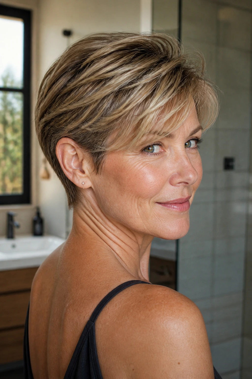 Real woman with a short layered crop, long top, and tapered nape