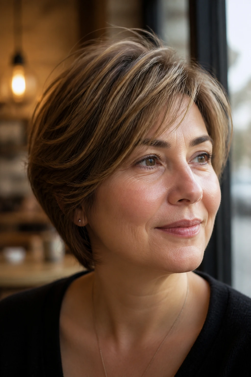 Portrait of real person with a subtle short layered cut showing quiet shaping