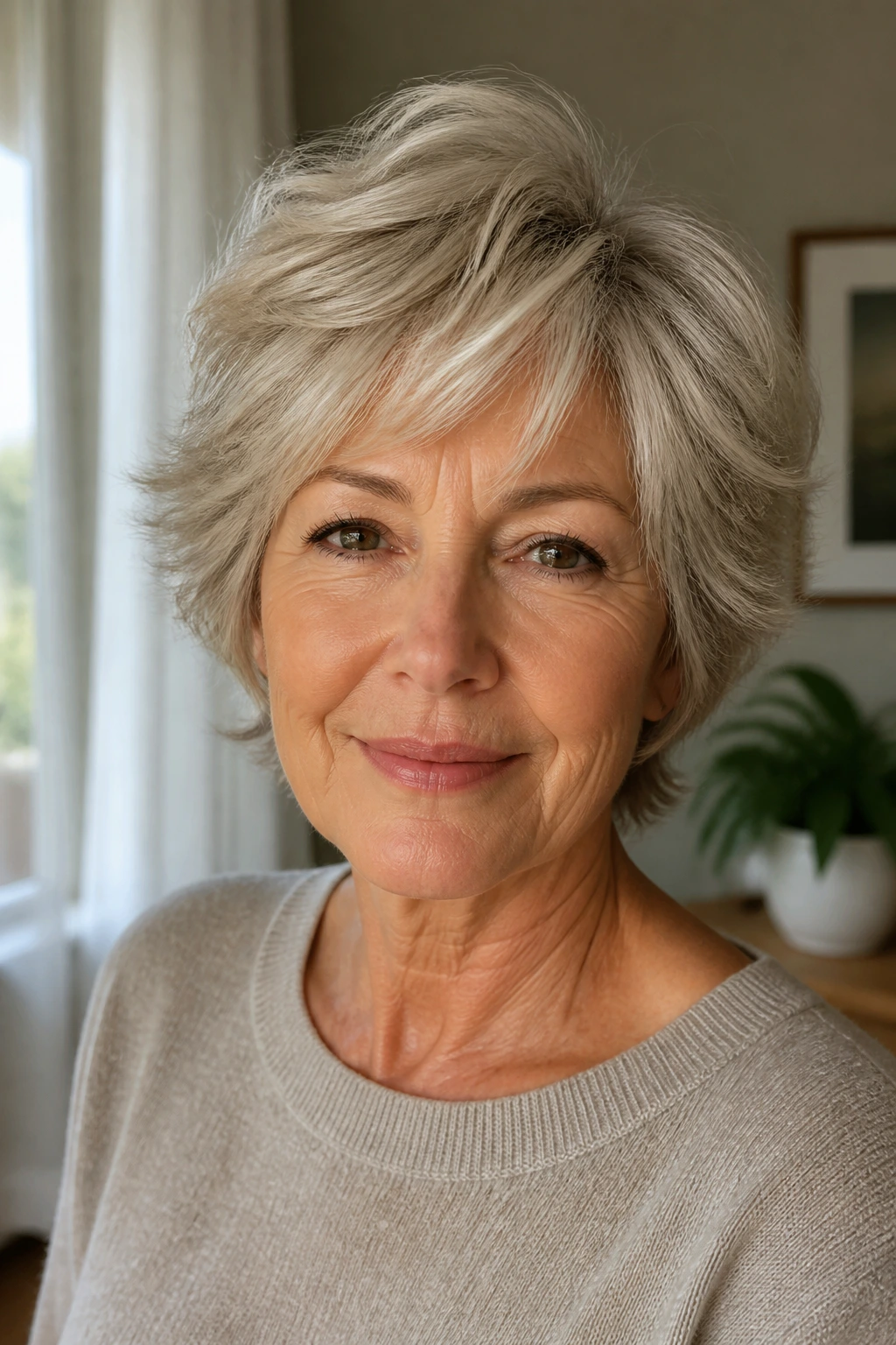 Close-up of a real woman with a short layered cut that flips naturally