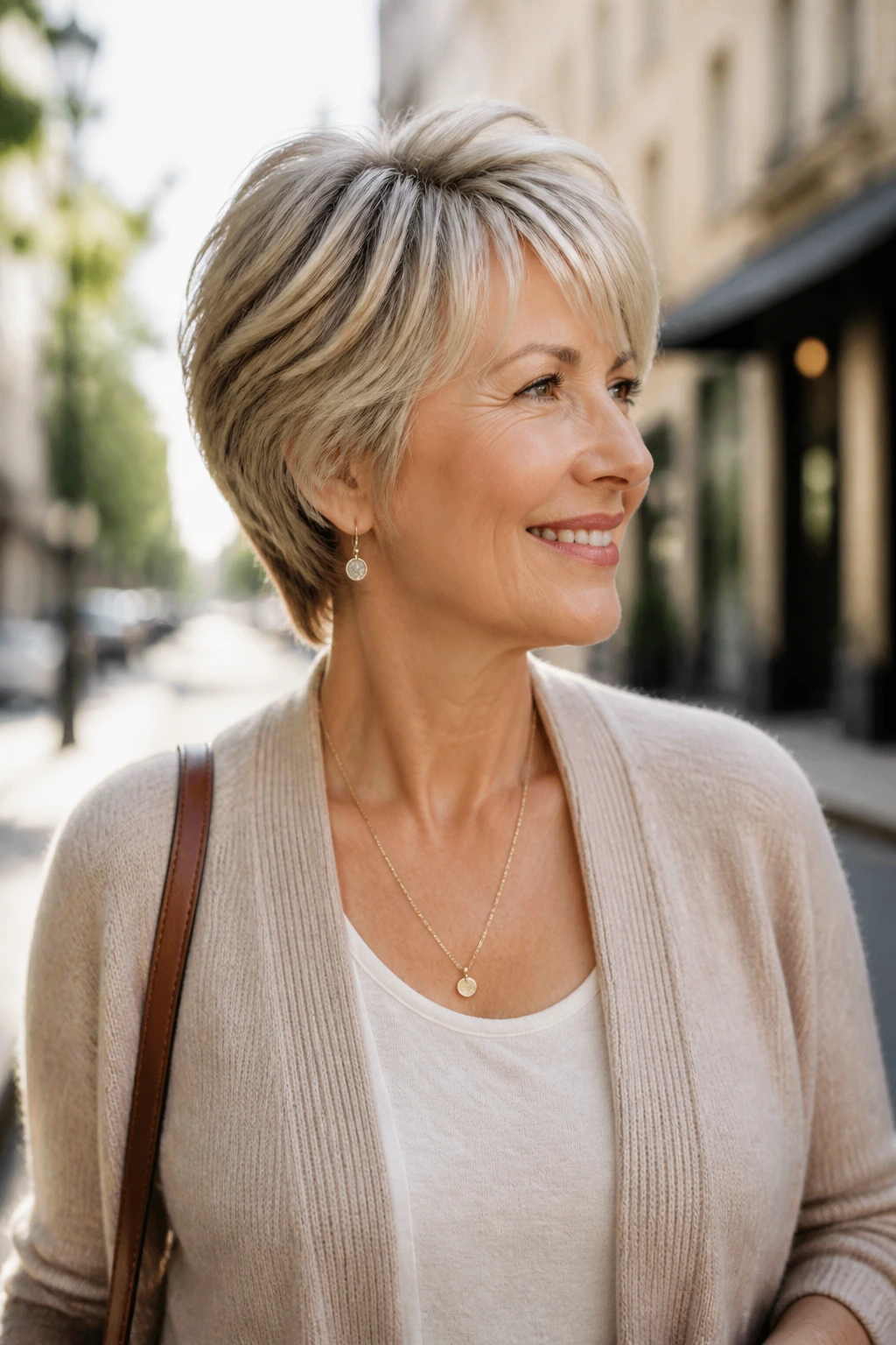 Real woman wearing a short layered haircut in everyday street style.