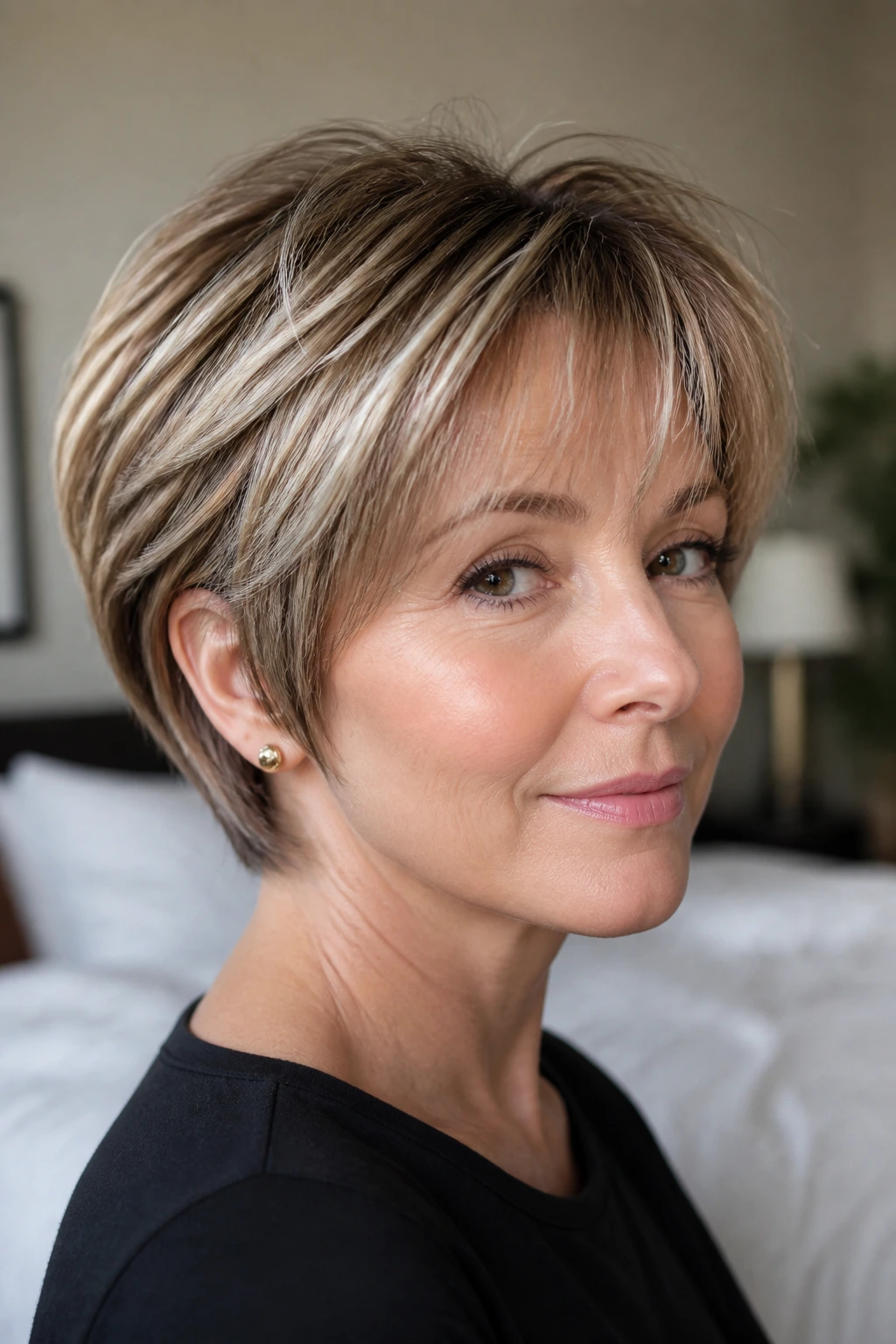 Close-up portrait of a real woman with a short layered haircut on fine hair, showing perimeter and crown