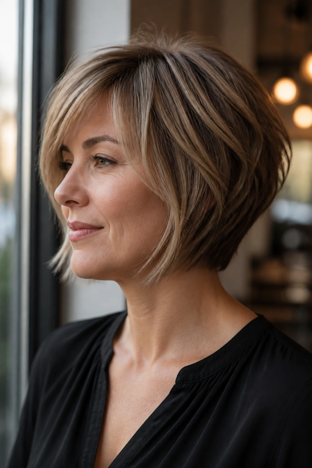 Close-up portrait of a real person with a balanced short layered haircut, natural window light