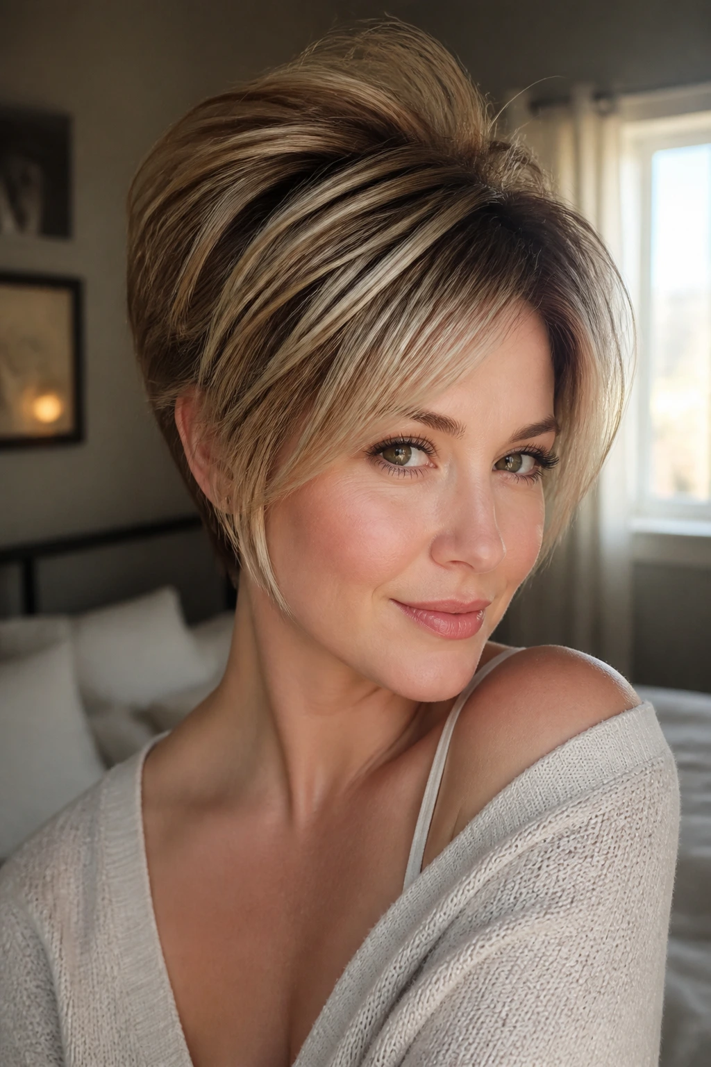 Close-up portrait of a real woman with short layered hair and face-framing pieces illuminated by natural window light