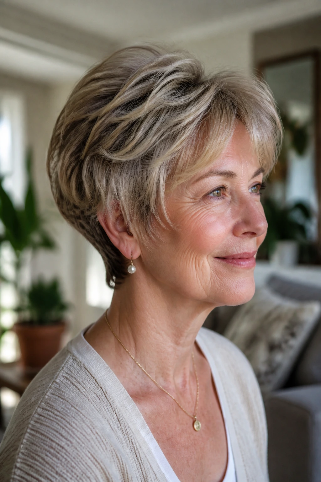 Real woman with short layered hairstyle showing layers and fullness.