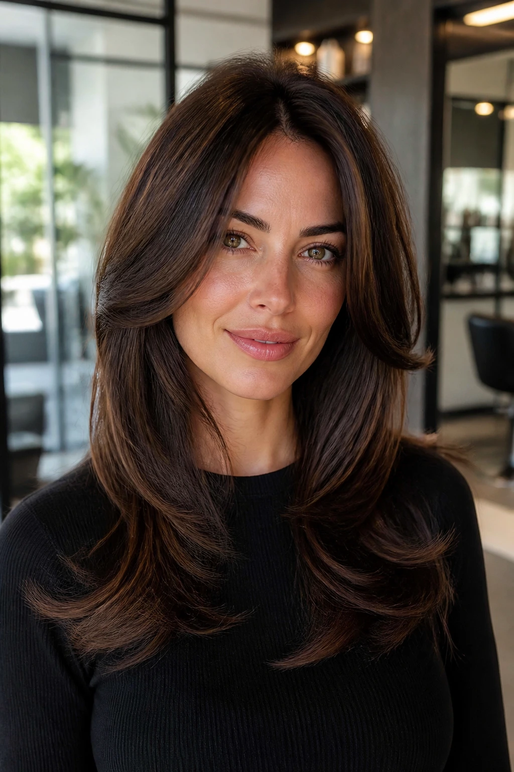 Real woman with short crown layers built for round-brush blowout