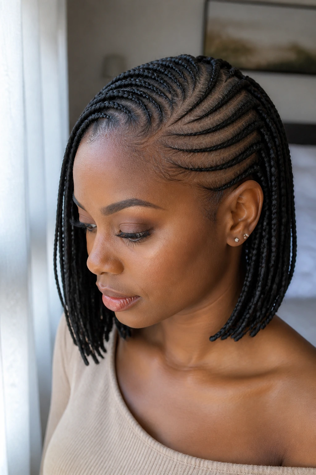 Close-up of a real woman wearing short lemonade braids swept to the side