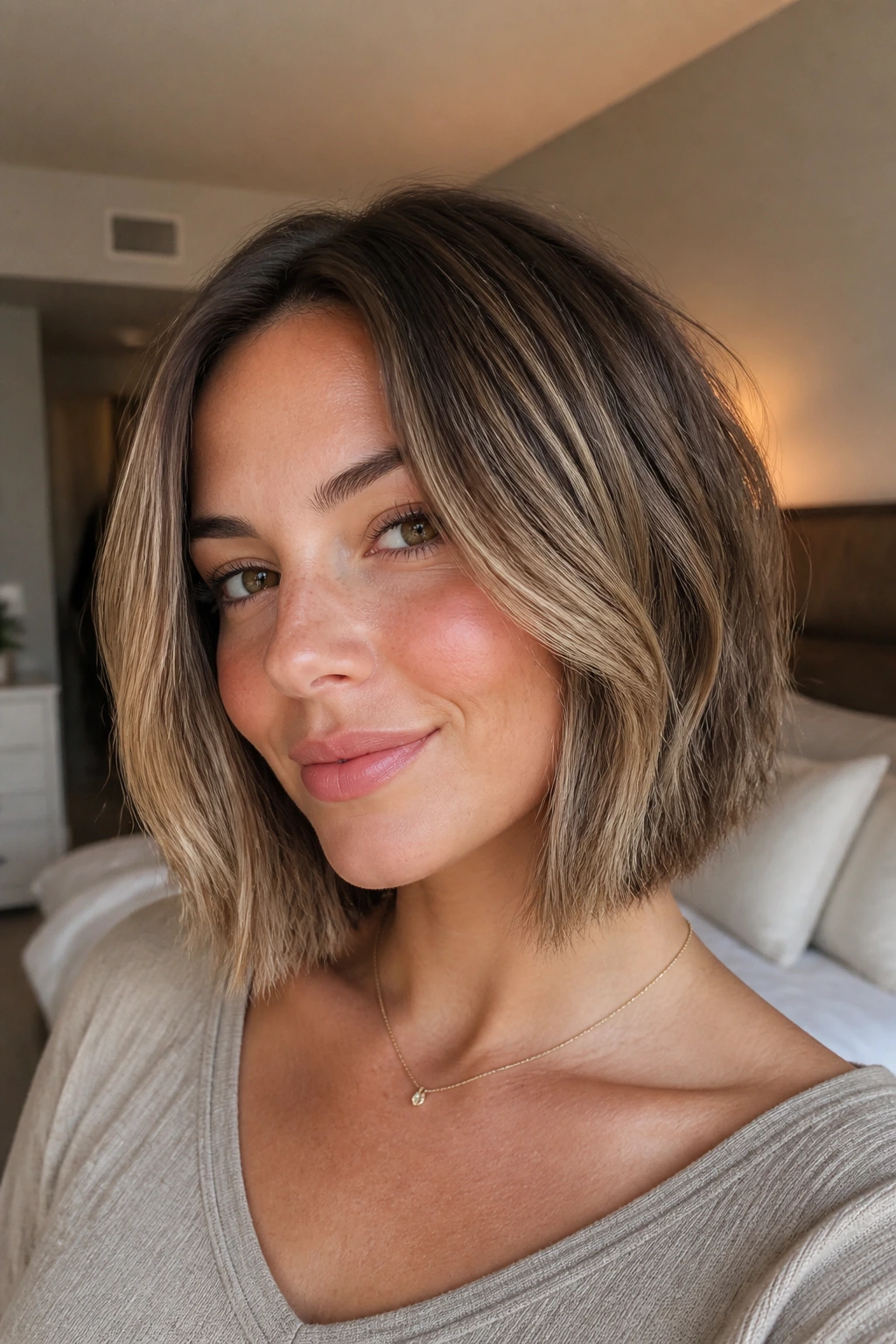 Close-up of a real woman with a short lob and soft babylight veil around the cheek area.
