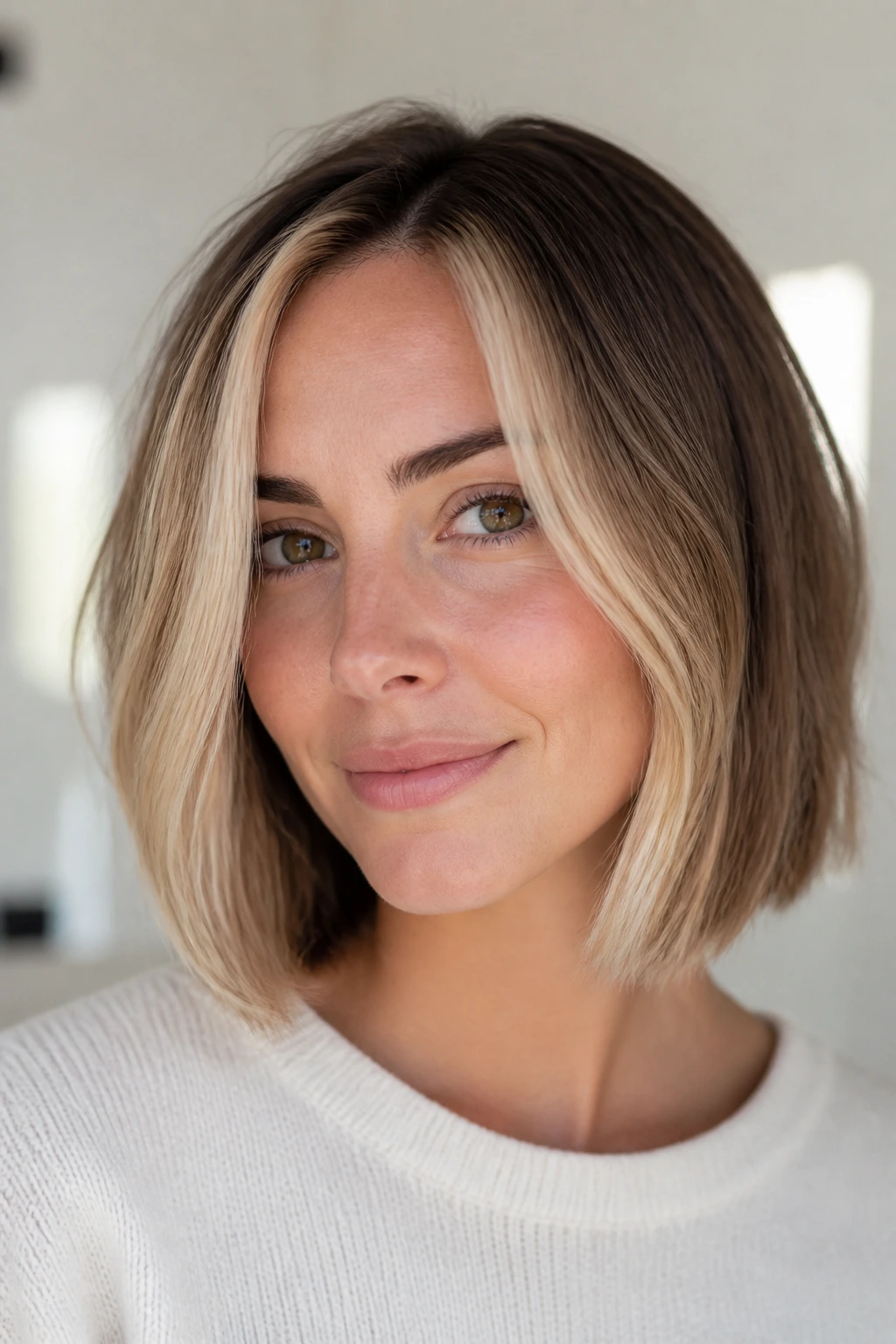 Real woman with short lob featuring a bright money piece framing the forehead.