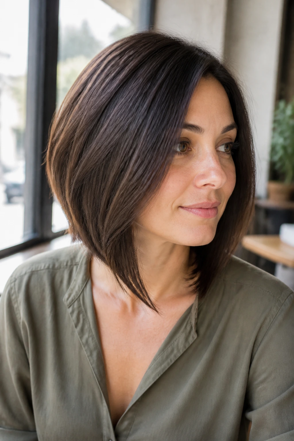 Real woman wearing a short lob with a front-angle, chin-length front pieces.
