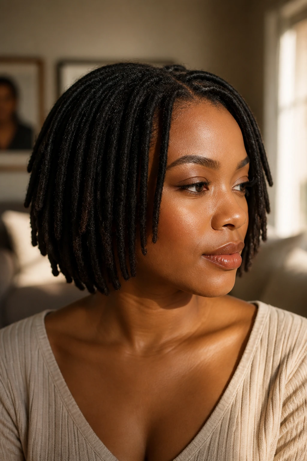 Close-up portrait of a real person with a jaw-length short loc bob.