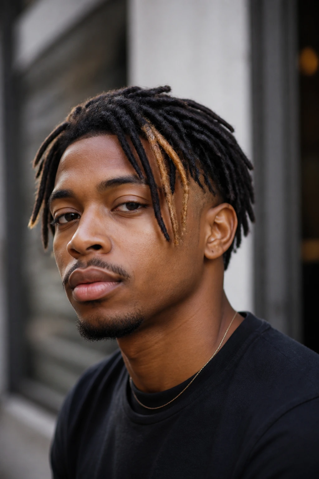 Close-up of a Black man with short locs and a side-swept money piece.