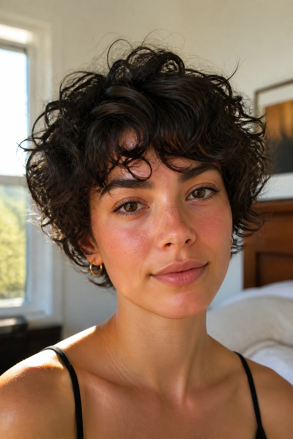 Portrait of a person with a short messy curly cut showing weight and a soft perimeter