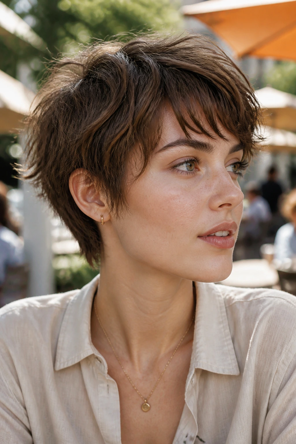 Close-up of a real woman with a short messy haircut on fine hair