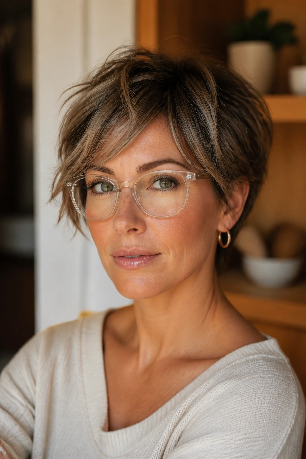 Real woman with short messy hair wearing glasses and earrings