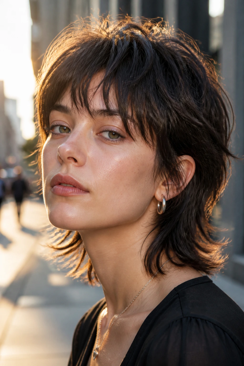 Close-up portrait of a real woman with a short mullet and airy bangs