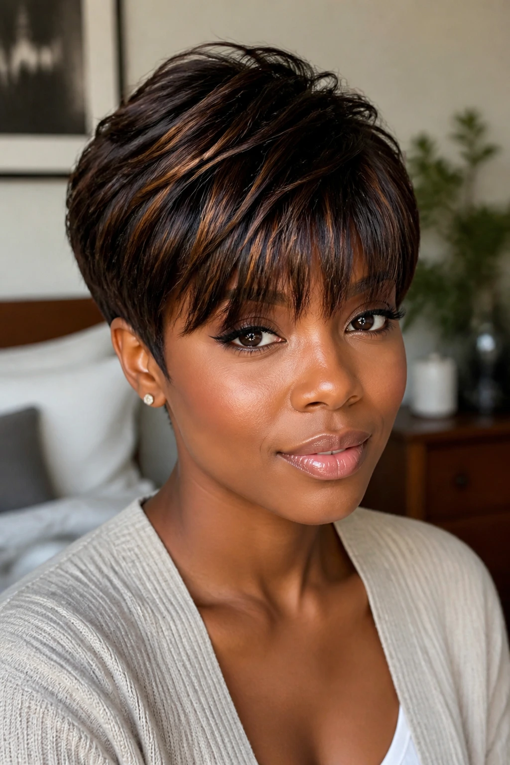 Close-up of a real woman showing short natural hair with bangs and lowlights