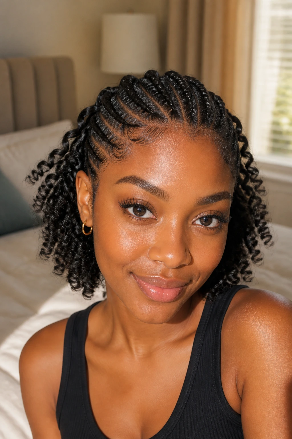 Close-up portrait of a person with short natural hair cornrows and soft curls