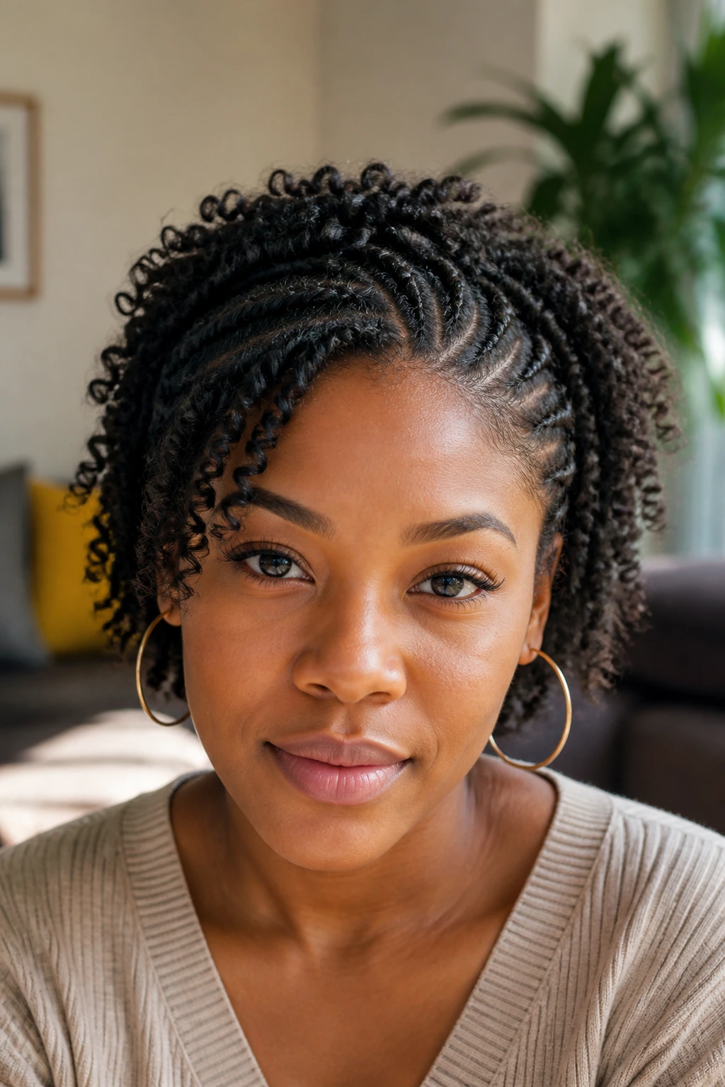 Portrait of person with cornrows and loose curls on short natural hair