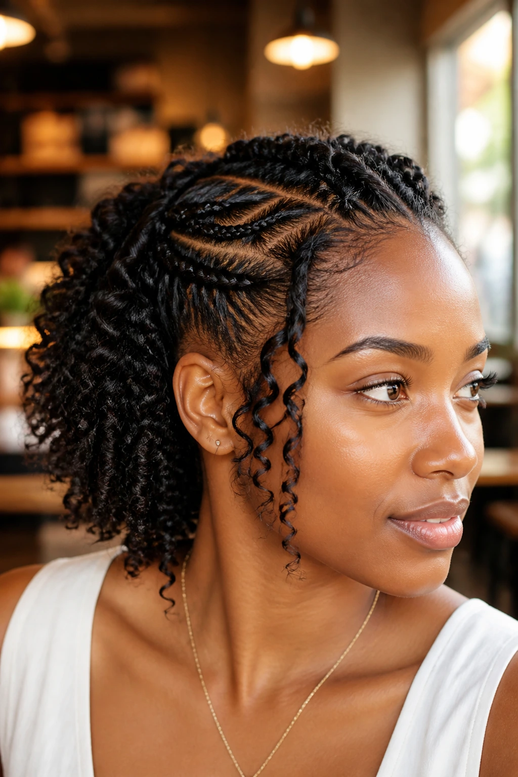 Close-up of a real woman with short natural curls and extensions braided into half braids
