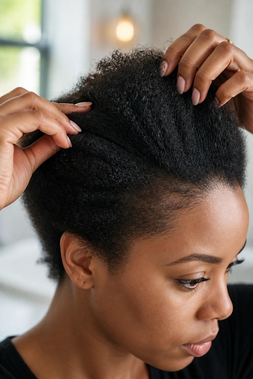 Close-up of a real person’s head with stretched short natural hair during prep