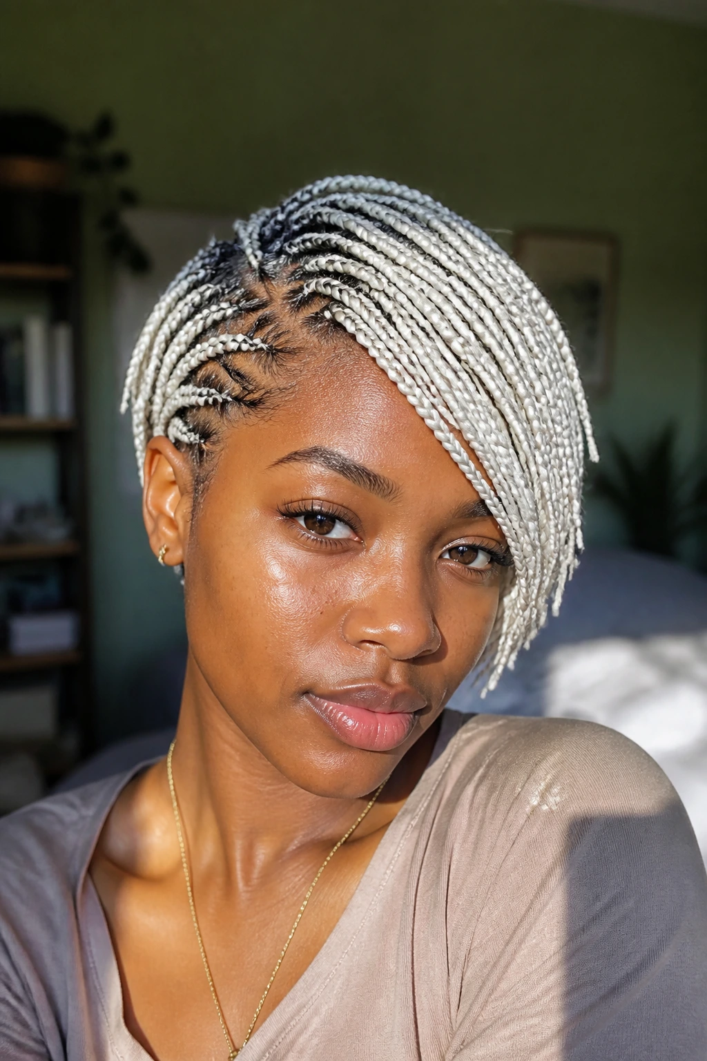 Close-up of a real woman with short natural hair braided in white, diagonal side-swept bang, warm window light.