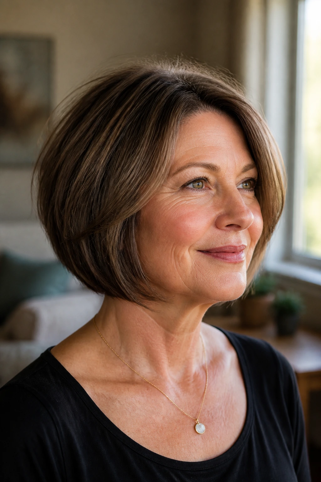 Close-up portrait of a real woman over 40 with a thick short-neck bob