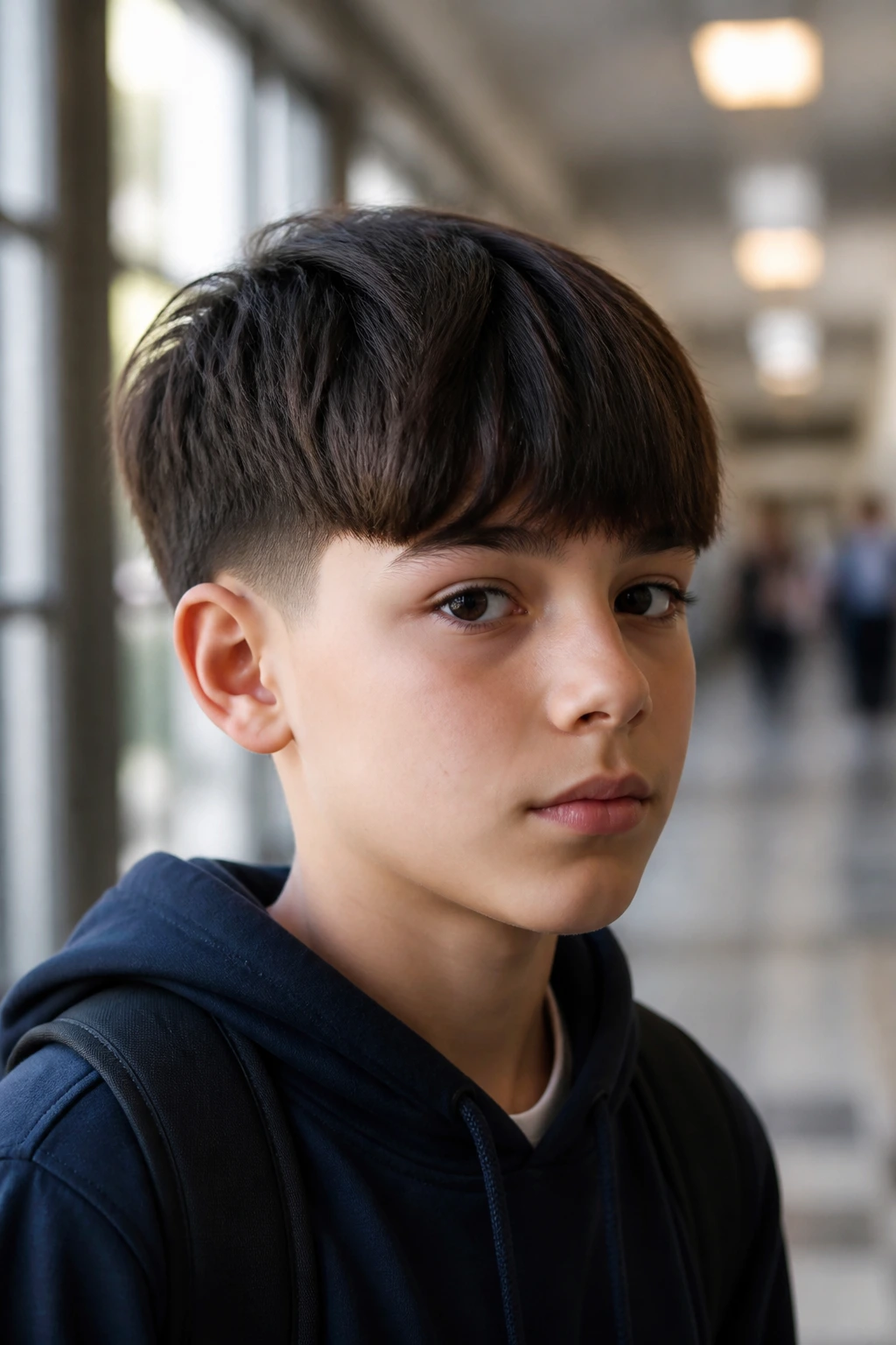 Close-up portrait of a real boy with a Short Pageboy With Temple Taper in a school hallway, fringe at brows, temple taper visible.
